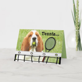 Basset Greeting Card with Tennis Racket and Ball Karte
