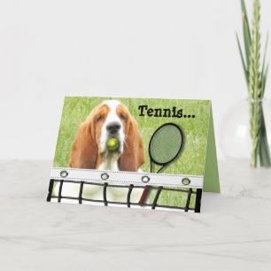 Basset Greeting Card with Tennis Racket and Ball Karte