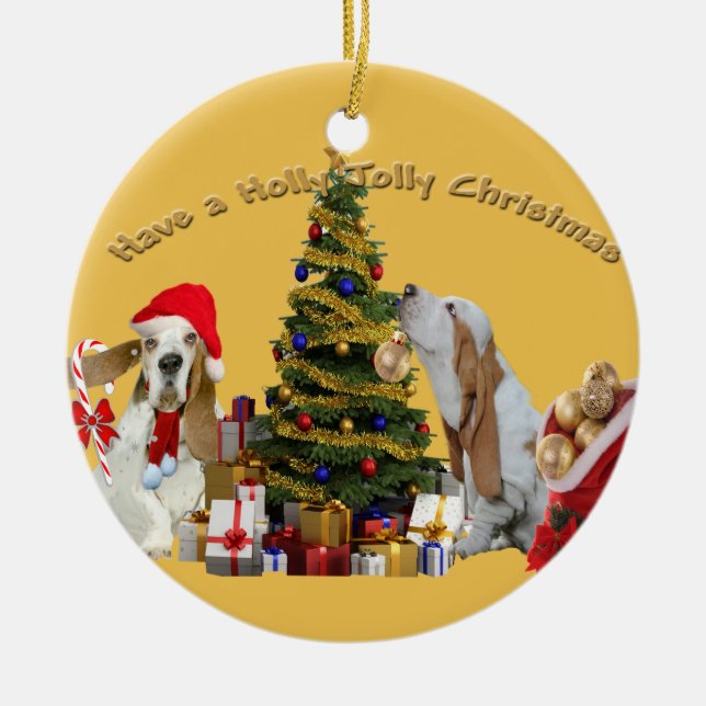 Basset haben Stechpalmen-lustiges Weihnachten Keramikornament (Vorne)