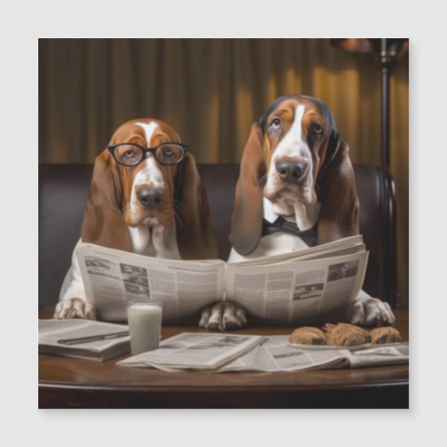Basset hackt beim Lesen der Zeitung Magnetkarte (Vorderseite)
