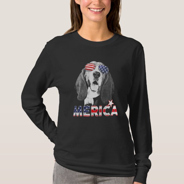 Basset Hound 4. Juli American Sunglass US Flag T-Shirt (Vorderseite)