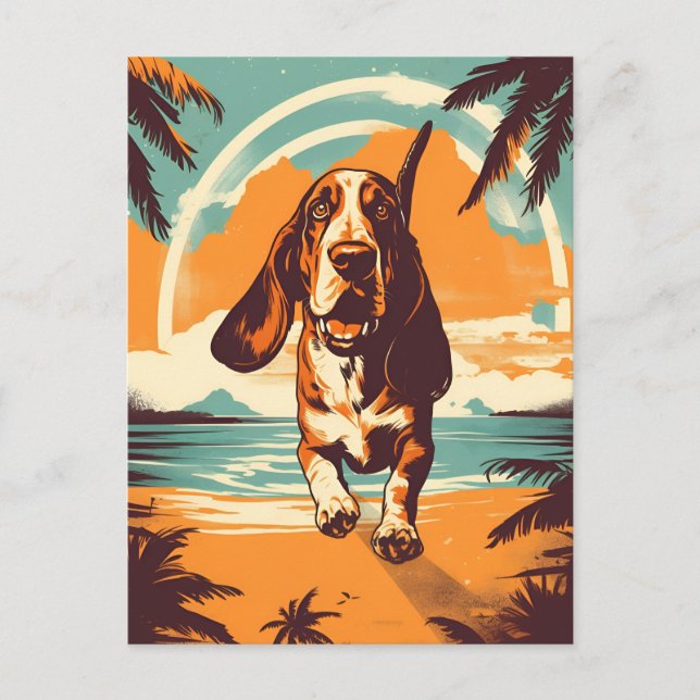 Basset Hound an einem tropischen Strand bei Sonnen Postkarte (Vorderseite)