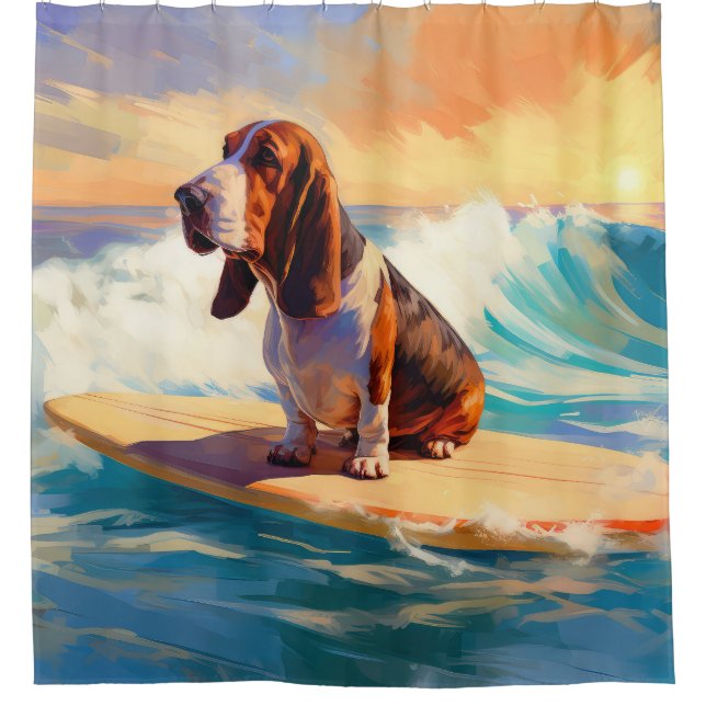 Basset Hound Beach Surfen Malerei Duschvorhang (Vorderseite)