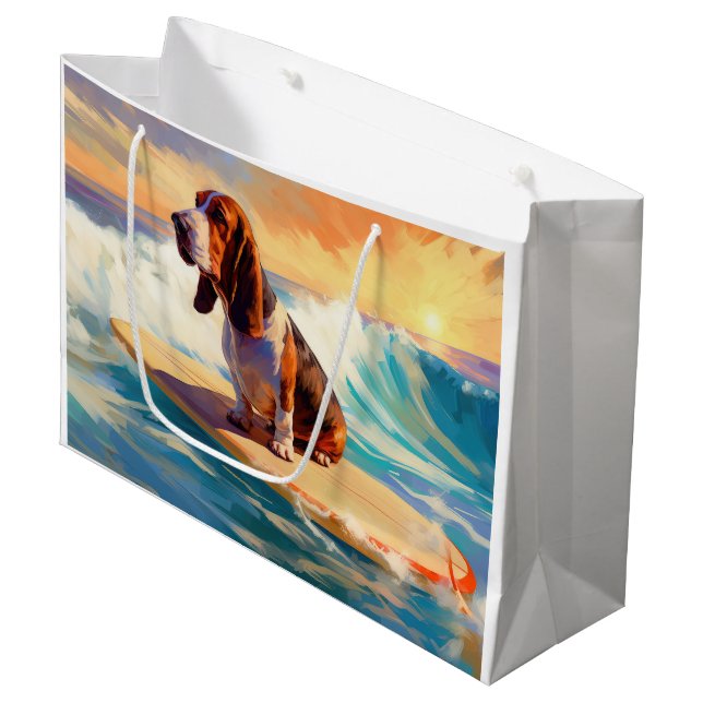 Basset Hound Beach Surfen Malerei Große Geschenktüte (Vorderseite Schrägansicht)