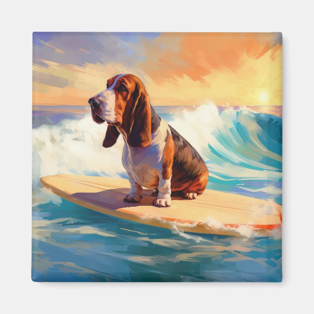 Basset Hound Beach Surfen Malerei Magnet (Vorne)