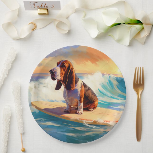 Basset Hound Beach Surfen Malerei Pappteller (Hochzeit)