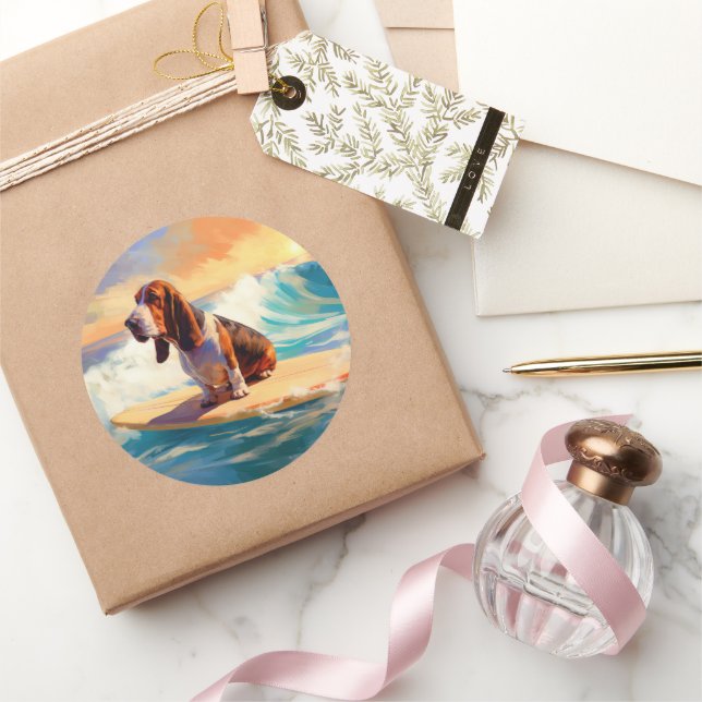 Basset Hound Beach Surfen Malerei Runder Aufkleber (Schenken)