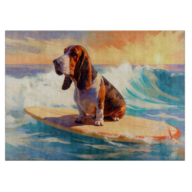 Basset Hound Beach Surfen Malerei Schneidebrett (Vorderseite)