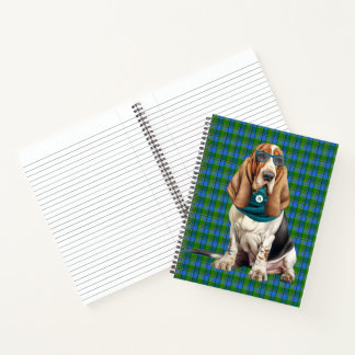 Basset Hound Blau Grün Kariert Lustig Monogrammier Notizbuch