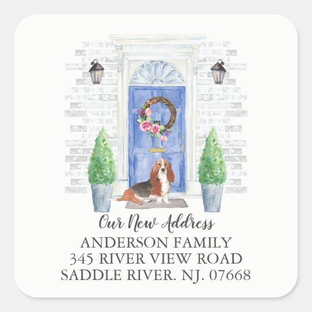 Basset Hound Blue Dose New Address Label Aufkleber (Vorderseite)
