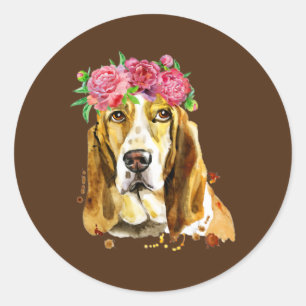 Basset Hound Blumenkrone Wasserfarben Kunst Hundem Runder Aufkleber
