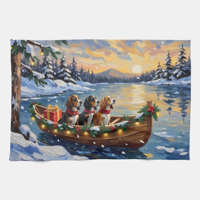 Basset Hound Christmas Boat Holiday Geschirrtuch (Horizontal)