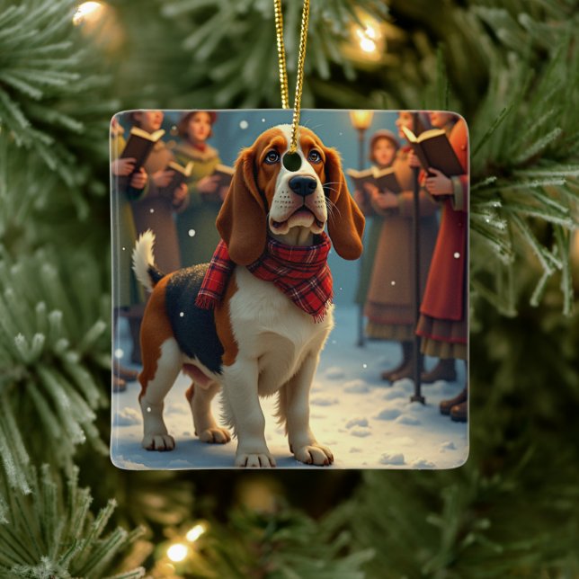 Basset Hound Christmas Carol Singers Painting Keramikornament (Baum)