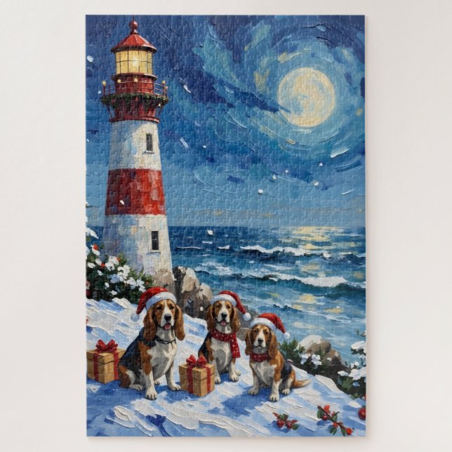 Basset Hound Christmas Lighthouse Holiday Puzzle (Vertikal)
