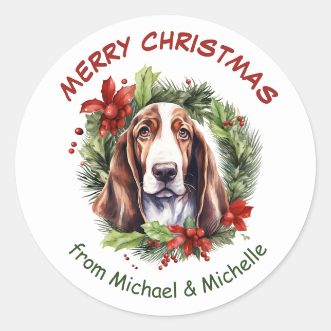 Basset Hound Christmas Poinsettia Wreath Runder Aufkleber (Vorderseite)