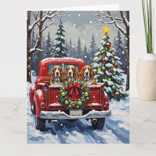 Basset Hound Christmas Red Truck Holiday Karte (Vorderseite)