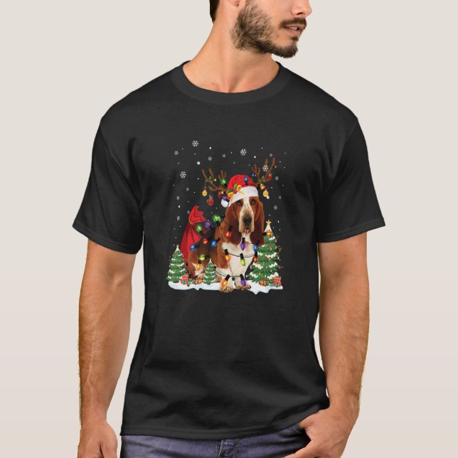 Basset Hound Christmas Reindeer Santa Hat Pajama T-Shirt (Vorderseite)