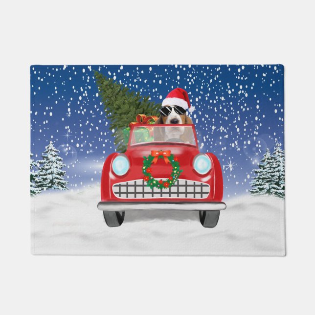 Basset Hound Dog Driving Car In Snow Christmas  Fußmatte (Vorderseite)