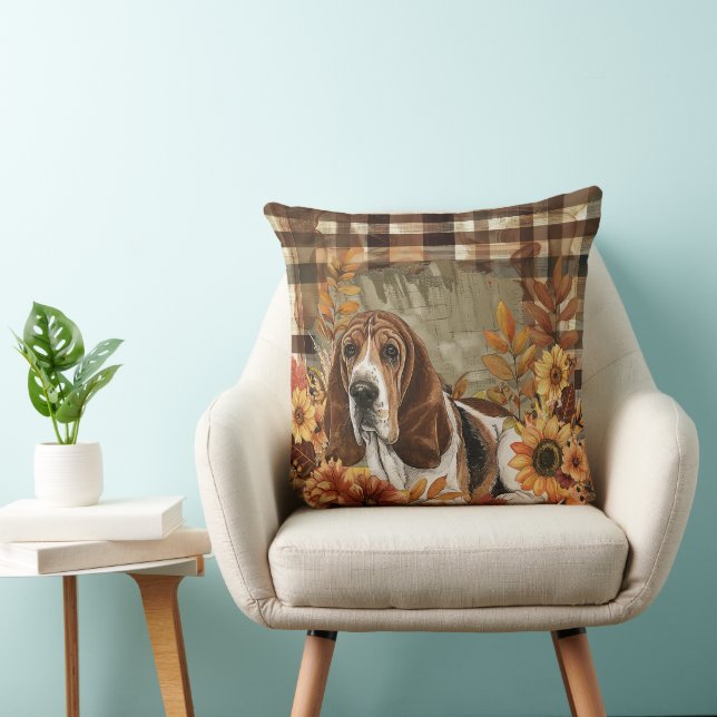 Basset Hound Dog Fall Wasserfarben Blume Kissen (Stuhl )