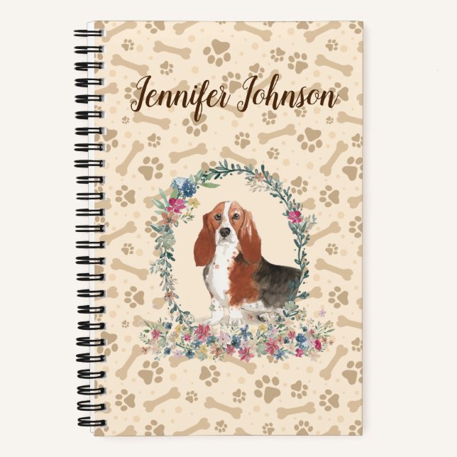 Basset Hound Dog Paw Print & Floral Niedliches Not Notizbuch (Vorderseite)
