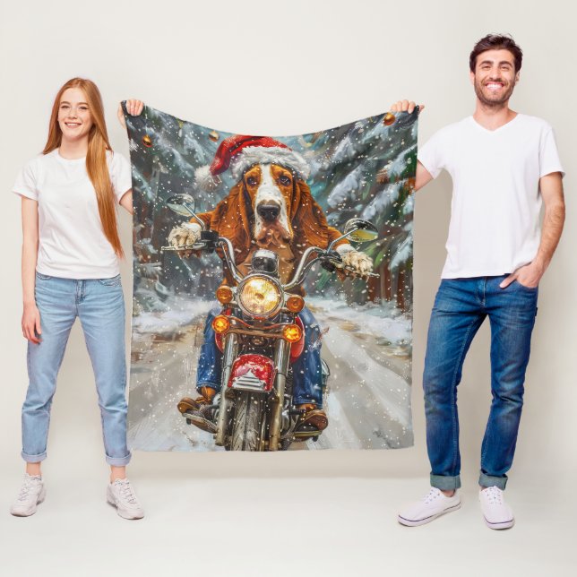 Basset Hound Dog Riding Motorrad Weihnachten Fleecedecke (Beispiel)