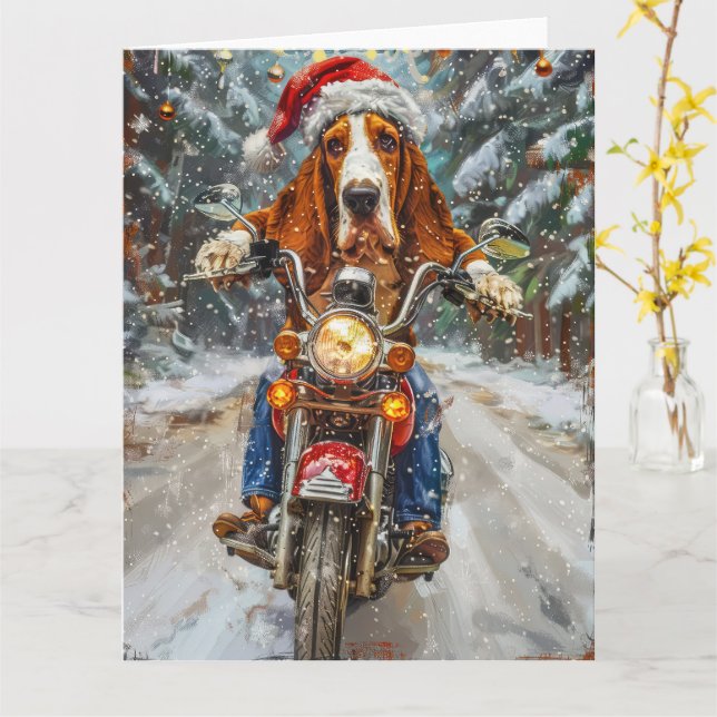Basset Hound Dog Riding Motorrad Weihnachten Karte (Gelbe Blume)