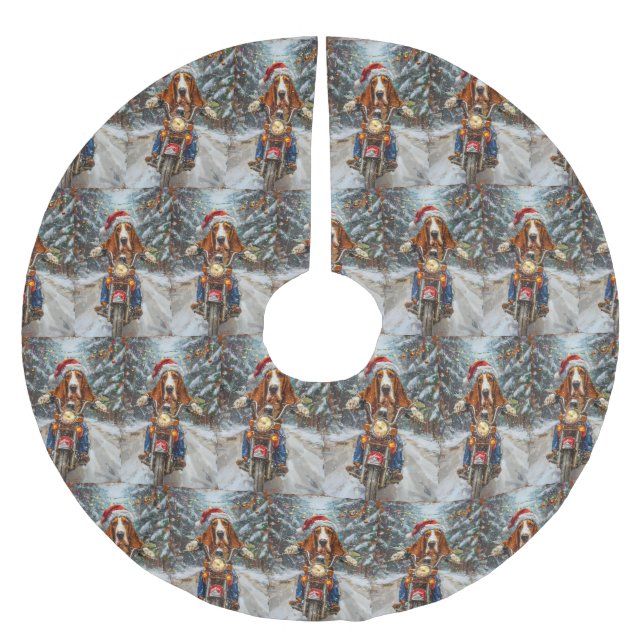 Basset Hound Dog Riding Motorrad Weihnachten Polyester Weihnachtsbaumdecke (Vorderseite)