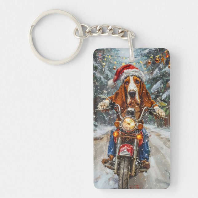 Basset Hound Dog Riding Motorrad Weihnachten Schlüsselanhänger (Vorderseite)