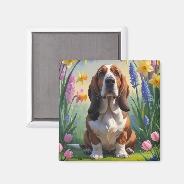 Basset Hound Dog Spring Flowers Malerei Magnet (Vorderseite/Rückseite)