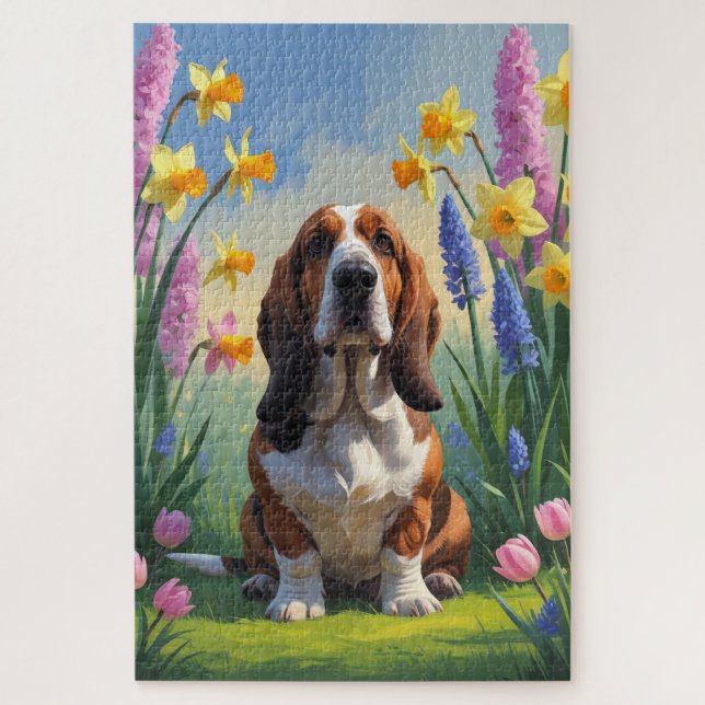 Basset Hound Dog Spring Flowers Malerei Puzzle (Vertikal)