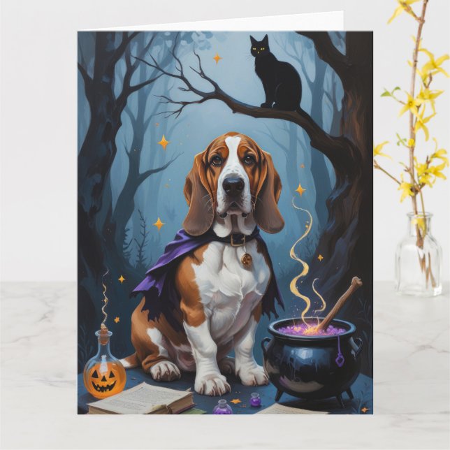 Basset Hound Dog Whimsical Halloween Malerei Karte (Gelbe Blume)