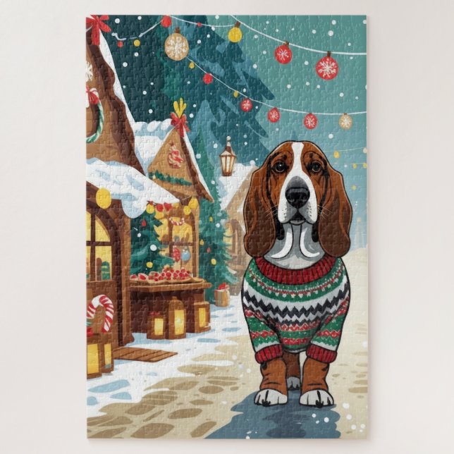 Basset Hound Dogs Christmas Snow Holiday Puzzle (Vertikal)