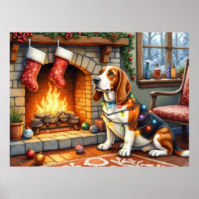Basset Hound Fireplace with Christmas Lights Poster (Vorne)