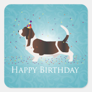 Basset Hound Happy Birthday Design Quadratischer Aufkleber