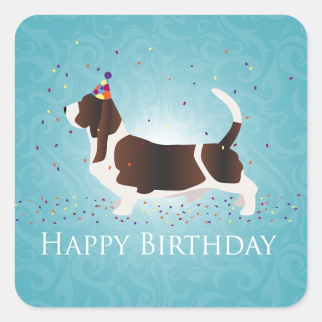 Basset Hound Happy Birthday Design Quadratischer Aufkleber (Vorderseite)