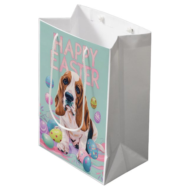 Basset Hound Happy Oaster Mittlere Geschenktüte (Vorderseite Schrägansicht)