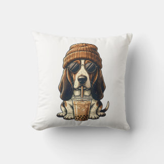 Basset Hound Hipster-Hund trinkt Eiskaffee Kissen