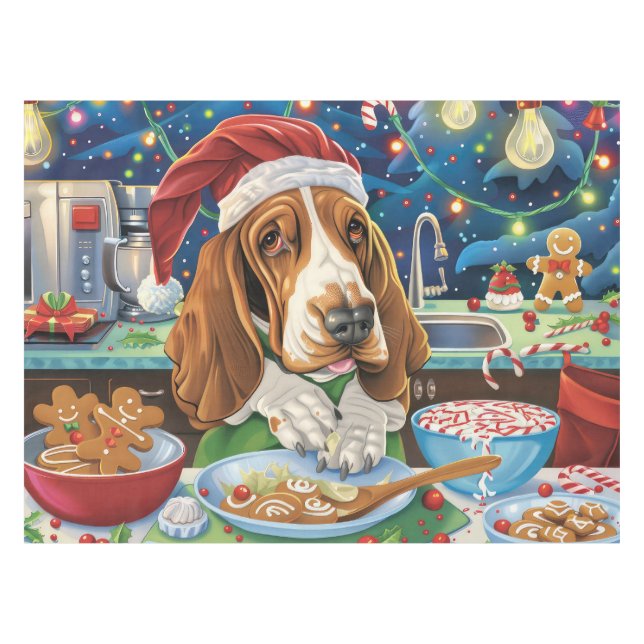 Basset Hound Holiday Baking: Festliche Weihnachten Tischdecke (Vorderseite (Horizontal))