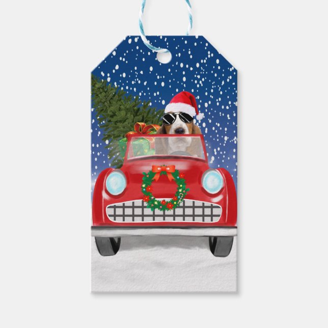 Basset Hound Hund Auto fahren im Schnee Weihnachte Geschenkanhänger (Vorderseite)