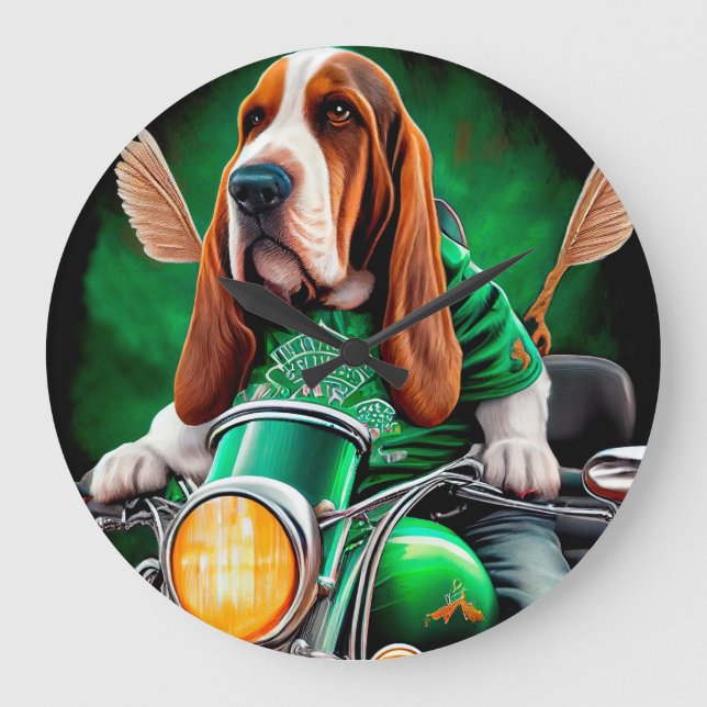 Basset Hound Hund Fahrrad St. Patrick's Day Große Wanduhr (Vorderseite)