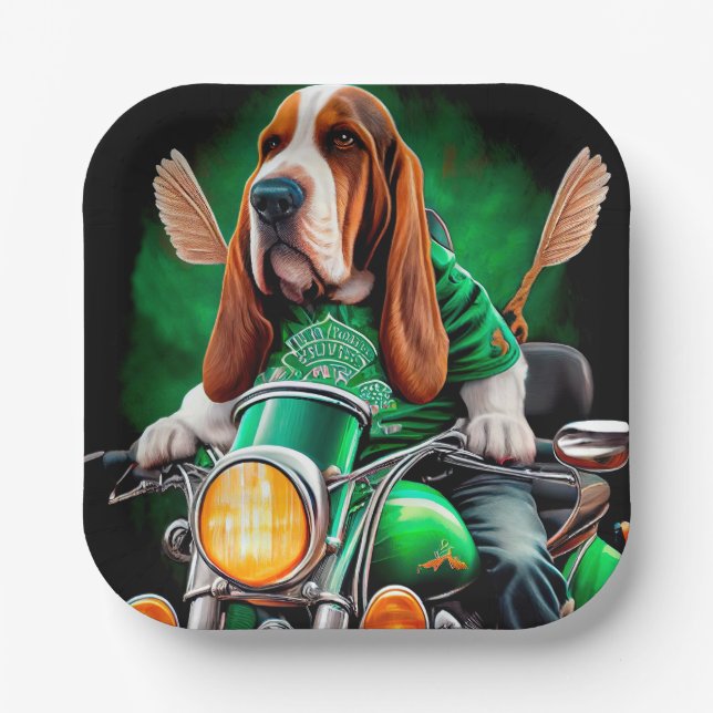 Basset Hound Hund Fahrrad St. Patrick's Day Pappteller (Vorderseite)