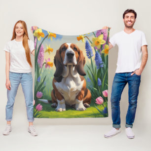 Basset Hound Hund Frühlingsblumen Malerei  Fleecedecke