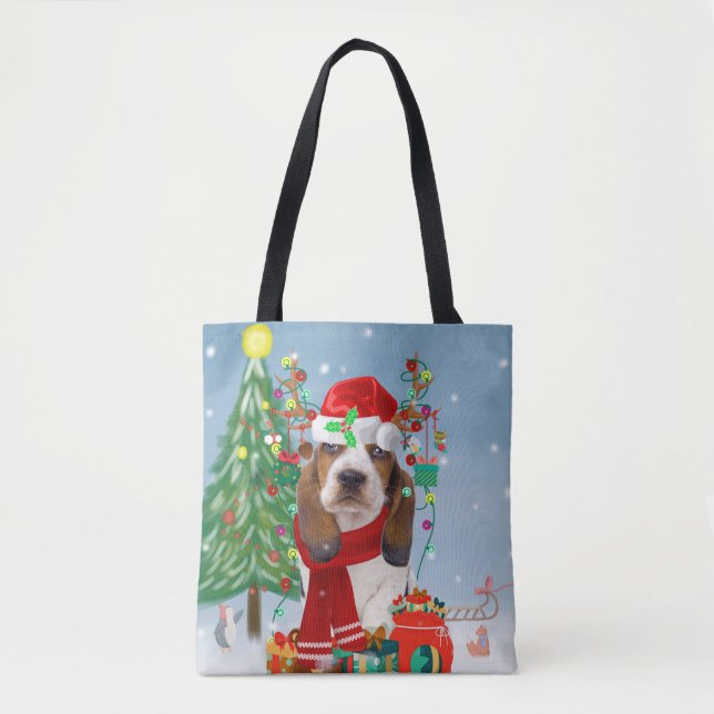Basset Hound Hund im Schnee mit Weihnachtsgeschenk (Vorderseite)