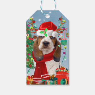Basset Hound Hund im Schnee mit Weihnachtsgeschenk Geschenkanhänger