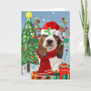 Basset Hound Hund im Schnee mit Weihnachtsgeschenk Karte