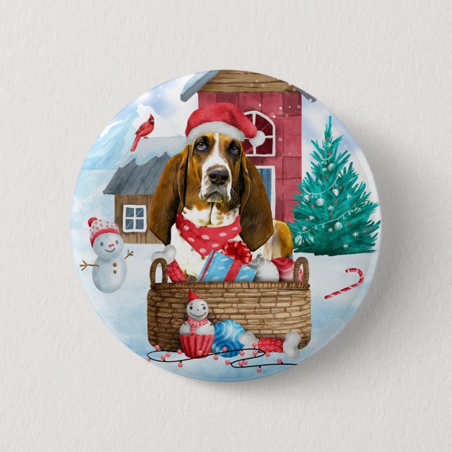 Basset Hound Hund im Schnee Weihnachtshaus Button (Vorderseite)