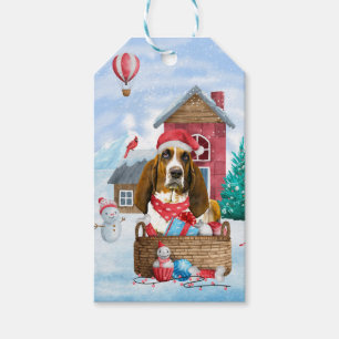 Basset Hound Hund im Schnee Weihnachtshaus Geschenkanhänger