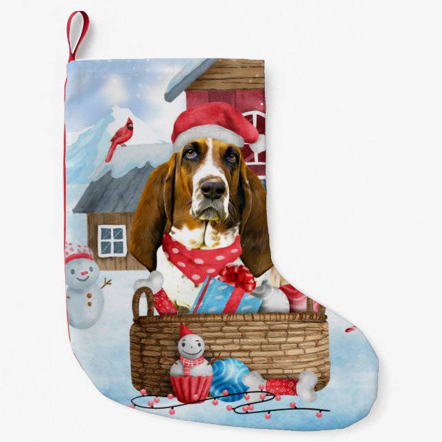 Basset Hound Hund im Schnee Weihnachtshaus Kleiner Weihnachtsstrumpf (Vorderseite)