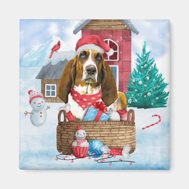 Basset Hound Hund im Schnee Weihnachtshaus Magnet (Vorne)