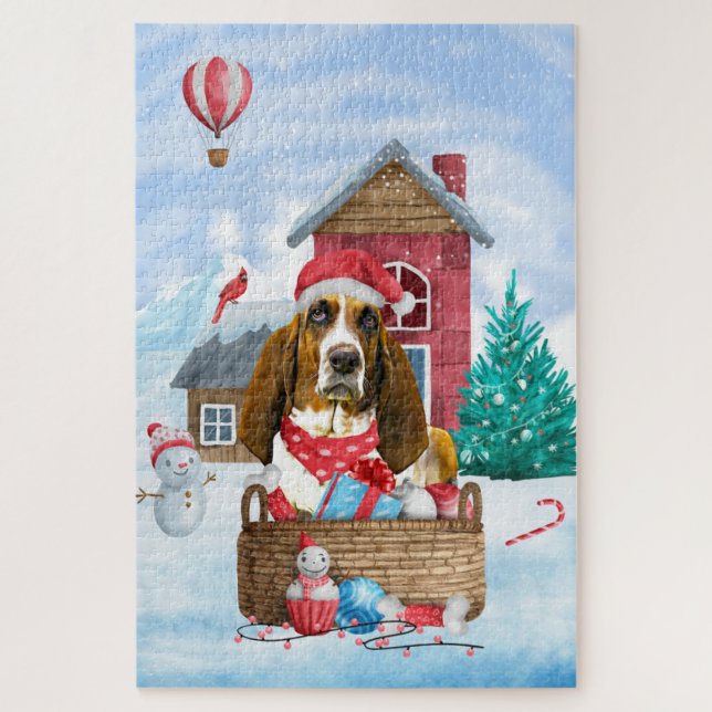 Basset Hound Hund im Schnee Weihnachtshaus Puzzle (Vertikal)